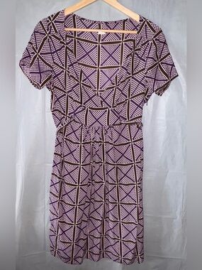 J. Crew Dress Sz 6 Purple Brown‎ Geometric Print 100% Silk Luxury Polka Dot Midi